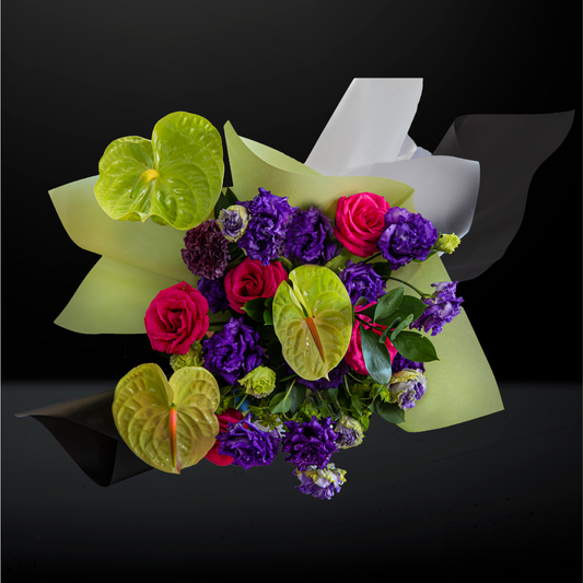bouquet, hand bouquet, flower bouquet, bloom with love, gift with love, flowers for mum, birthday flowers, anniversary flowers, Green anthuriums, Fuchsia Roses, Purple Eustomas, Mauve Carnations and Bupleurums