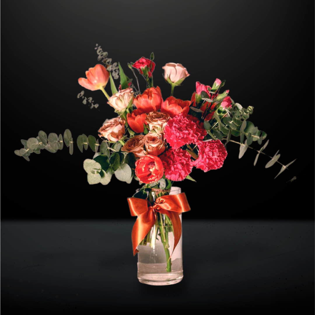 bouquet, hand bouquet, flower bouquet, bloom with love, gift with love, flowers for mum, birthday flowers, anniversary flowers, tulip, fuchsia carnations, cappucino rose, carnation spray, eucalyptus