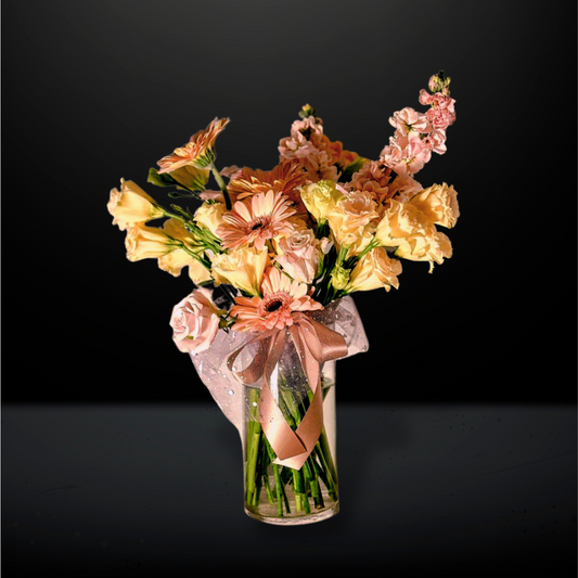 bouquet, hand bouquet, flower bouquet, bloom with love, gift with love, flowers for mum, birthday flowers, anniversary flowers, quicksand roses, peach gerberas, peach matthiola, champagne eustoma