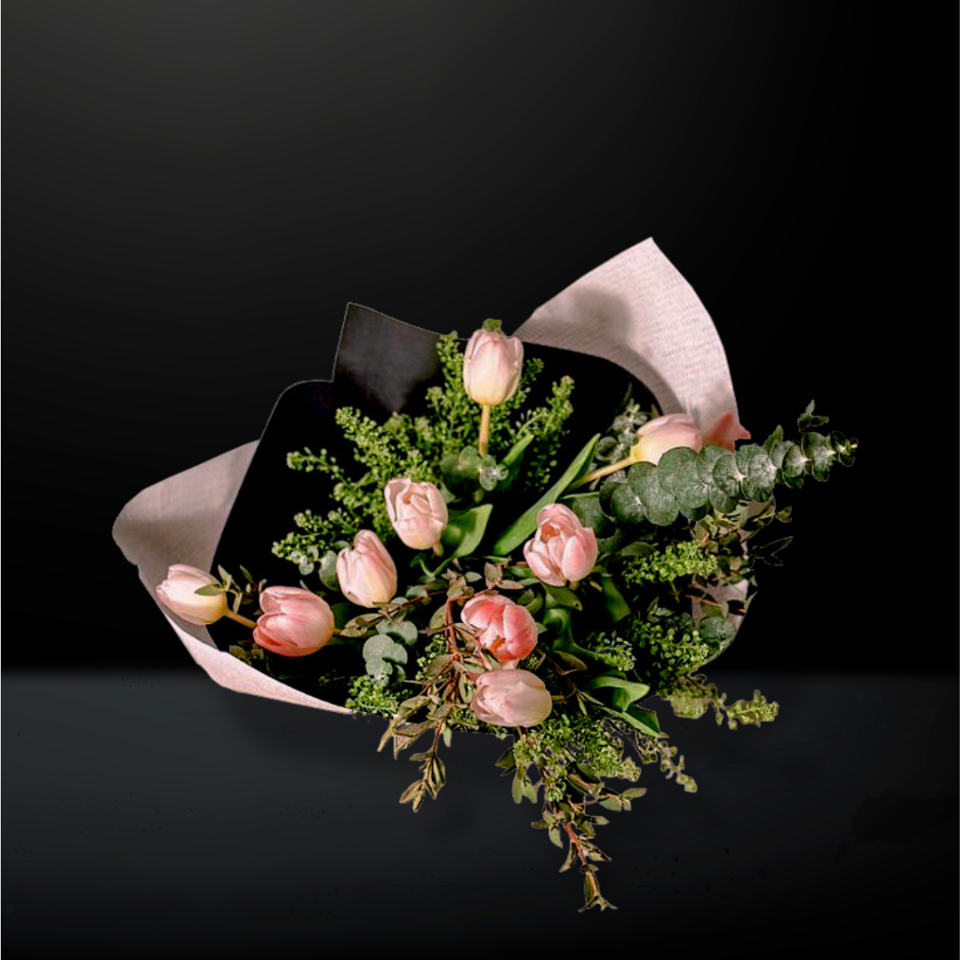 bouquet, hand bouquet, flower bouquet, bloom with love, gift with love, flowers for mum, birthday flowers, anniversary flowers, pink tulips, greenbell, eucalyptus