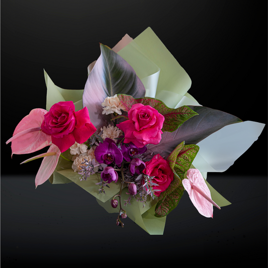 bouquet, hand bouquet, flower bouquet, bloom with love, gift with love, flowers for mum, birthday flowers, anniversary flowers, Dark Shocking Pink Roses, Painted Pink Anthuriums, Cream Carnation, Purple Phalaenopsis, Caladiums, Painted Philodendron Leaves and Painted Mini Eucalyptus
